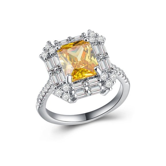 NEW 925 Silver Emerald Cut Citrine Halo Ring - Picture 2 of 4